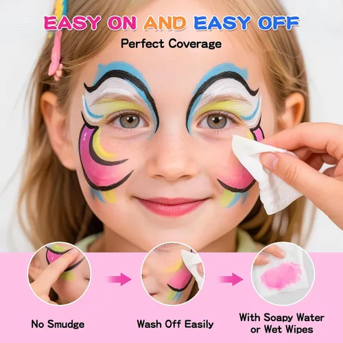Vista 4 de Kit de pintura facial para niños y adultos, 12 x 10 gm, paleta de pintura facial con 9 brillos, 2 palitos de sombra de ojos, 2 esponjas y 6