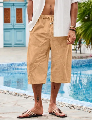 Vista 2 de COOFANDY Pantalones capri harén de lino para hombre, casuales, ligeros, con cordón, pantalones de yoga, holgados, 34, pantalones de playa