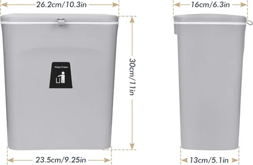 Vista 5 de Domiella Cubo de basura colgante de 2.4 galones con tapa, cubo de basura de cocina para encimera o debajo del fregadero, contenedor de basura Gris