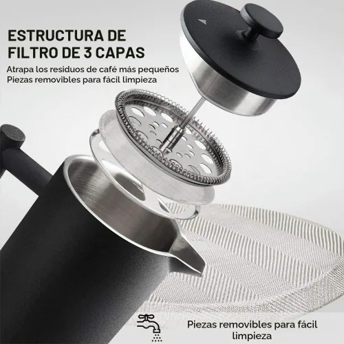 Vista 3 de Secura - Cafetera de prensa francesa de acero inoxidable 304 con 2 filtros adicionales Negro