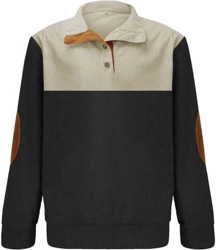 Vista 2 de Camisa de pana para hombre, con botones, cuello de solapa, cuello alto, manga larga, polo, con parches en los codos