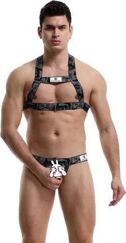 Vista 2 de Swbreety Arnés para hombre, camiseta sin mangas de camuflaje para el pecho, correa para el pecho, disfraces, camiseta muscular y tanga con anillo