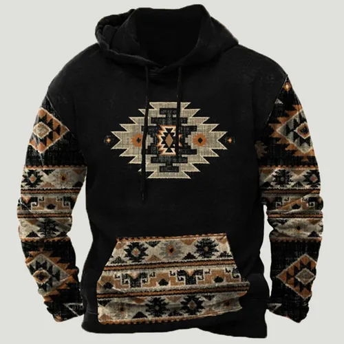 Vista 2 de Sudaderas con capucha para hombre, diseño gráfico azteca occidental, estampado étnico, mangas raglán, blusa ligera