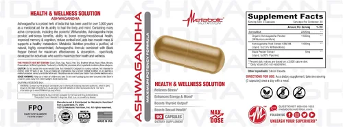 Vista 3 de Metabolic Nutrition Ashwagandha 2200 mg hecho con polvo de Ashwagandha orgánico y extracto de pimienta negra, 90 cápsulas veganas