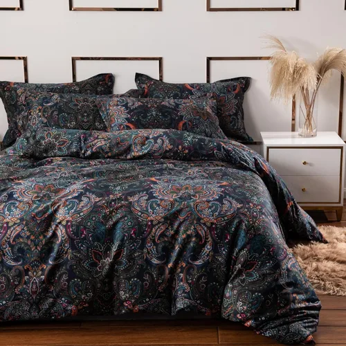 Vista 4 de ABREEZE Juego de funda de edredón de lujo, vintage, negro, estampado damasco y cachemira, colección de ropa de cama retro, 100% algodón cepillado