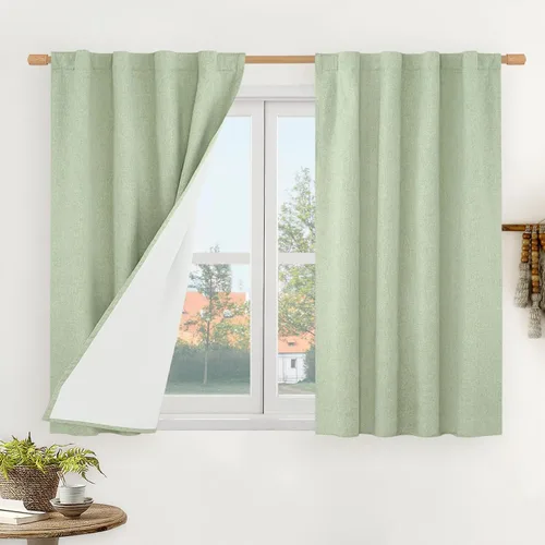 Vista 104 de LAMIT Cortinas opacas cortas de lino de 30 pulgadas para ventanas de cocina sobre el fregadero, cortinas de café texturizadas de lino marfil