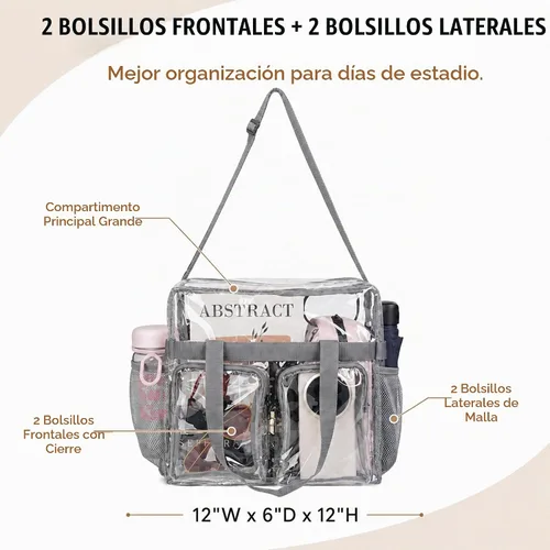 Vista 6 de ZENPUNK Bolsas transparentes aprobadas para estadios con cierre de cremallera, bolsa cruzada con correa ajustable Gris