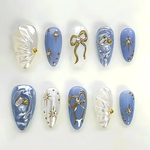 Vista 14 de 24 piezas de uñas postizas de punta francesa a presión, uñas postizas medianas en forma de almendra con diseño de ondas azul oscuro, uñas postizas