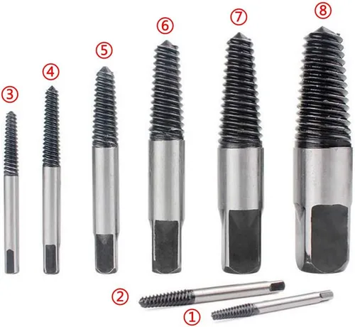 Vista 2 de Rongon Juego de 8 extractores de tornillos, kit de extractor de pernos pelados, de acero al carbono, para quitar fácilmente pernos rotos, tornillos