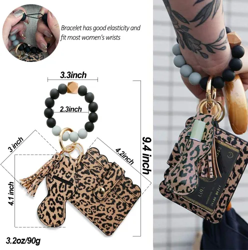 Vista 2 de Llavero Pulsera Llavero Pulsera Silicona Brazalete Billetera Tarjeta Chapstick Holder Leopardo/Negro