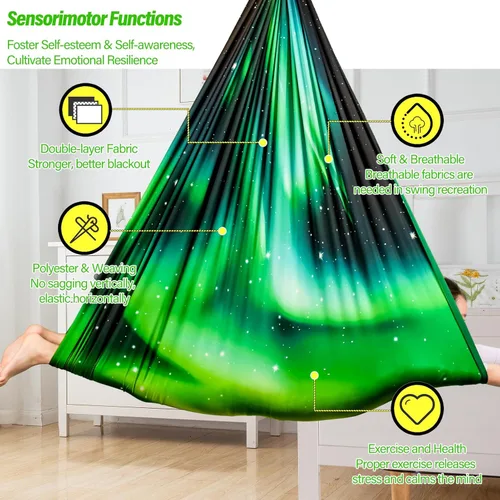 Vista 4 de Columpio sensorial para niños y adultos con capacidad para hasta 300 libras en interiores y exteriores, columpio de terapia de abrazo de doble capa