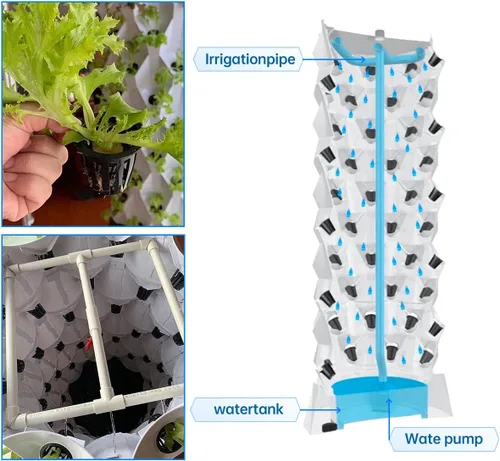 Vista 3 de Juego de torre hidropónica de 80 macetas, sistema de cultivo hidropónico, kit de cultivo hidropónico para torre de lechuga interior y exterior
