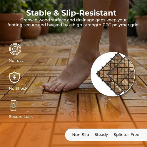 Vista 5 de Majestick Goods Azulejos entrelazados de madera de acacia, fácil instalación para suelos de patio y pasarelas con drenaje de base elevada, 12 x 12 x