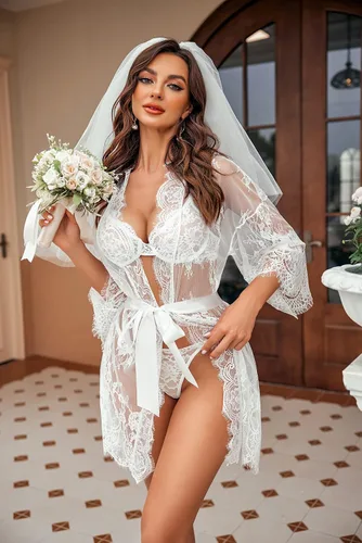 Vista 8 de Avidlove - Kimono de encaje para mujer, tipo babydoll, camisón de malla de lencería de talla S-5XL