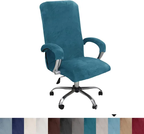 Vista 4 de NILUOH Funda de terciopelo para silla de oficina con fundas para brazos para sillas universales, jefes y juegos (L, azul pavo real)