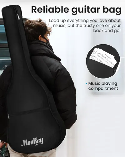 Vista 7 de Moukey Guitarra acústica de 41 pulgadas para principiantes, adultos, adolescentes, tamaño completo, con póster de acordes, bolsa de concierto, Negro