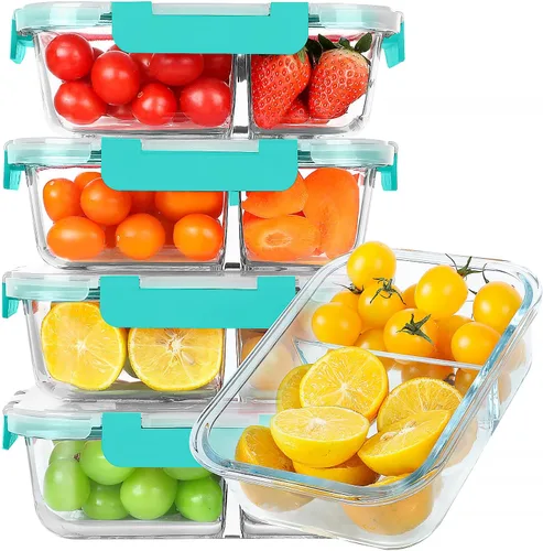 Vista 7 de Paquete de 5 recipientes de vidrio para preparación de comidas de 30 onzas, 2 compartimentos, recipientes de almacenamiento de alimentos de vidrio