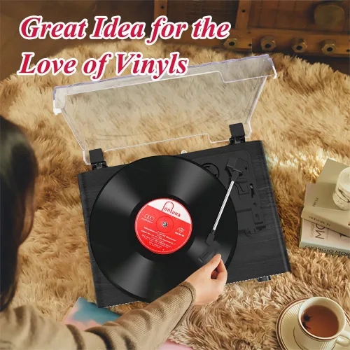 Vista 6 de Reproductor de discos de vinilo con altavoces integrados, tocadiscos de 3 velocidades con Bluetooth 5.3 más reciente, entrada AUX, conector