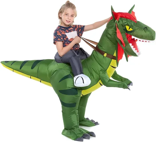 Vista 2 de HSCTEK Disfraz inflable de dinosaurio para niños, T-rex, velociraptor, triceratops, dilophosaurus, pteranodon, carnotaurus