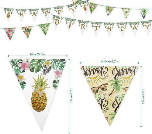 Vista 2 de Apol Juego de 2 decoraciones hawaianas para fiesta de cumpleaños, guirnalda de piña con bandera triangular, verde, cartulina, rectangular, guirnalda