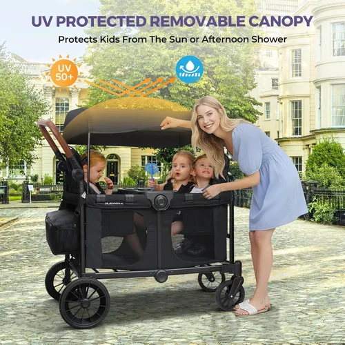 Vista 7 de ELEMARA Cochecito de 4 plazas, cochecito premium para 4 niños, plegable todo terreno para niños con toldo, asas ajustables de empujar/jalar, asiento