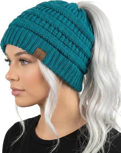 Vista 20 de Funky Junque Gorro de Cola de Caballo para Mujeres - Gorro de Invierno Ponyback Suave Elástico de Punto Trenzado Cola Alta Gorros para Correr