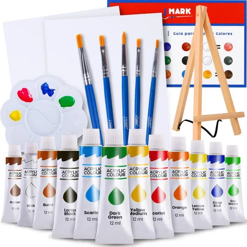 Vista 10 de J MARK Juego de pintura y lienzo: kit de pintura acrílica con caballete de madera, lienzo, pintura acrílica, pinceles y paleta, juego de pintura