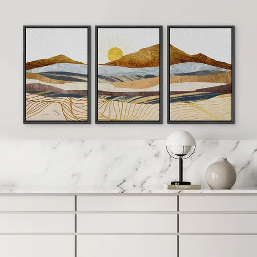 Vista 4 de wall26 Lienzo Enmarcado Impreso Arte de Pared Conjunto Onda Dorada Geométrica Cordillera Naturaleza Vida Silvestre Ilustraciones Arte Moderno
