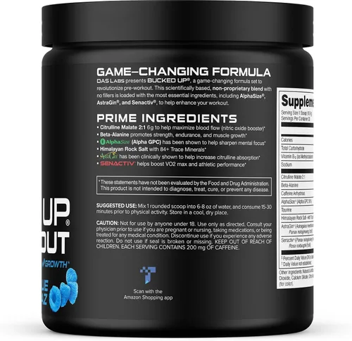 Vista 5 de Bucked Up Pre Workout 6 gramos de citrulina, 2 gramos de beta alanina y 3 otros ingredientes de marca registrada (Blue Raz)