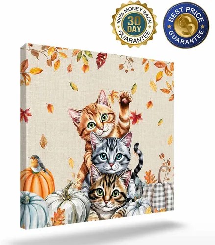 Vista 2 de Chucoco Otoño Granja Gato Cuadrado Pinturas al óleo sobre lienzo Arte de pared de Acción de Gracias Animales Imágenes Impreso Obras de Arte
