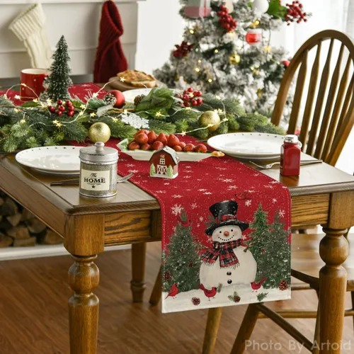 Vista 2 de Artoid Mode Camino de mesa con diseño de muñeco de nieve y pájaros de Navidad, decoración de mesa de comedor para interiores y exteriores