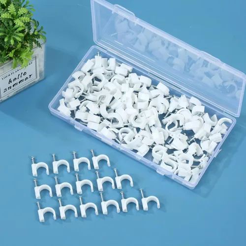 Vista 6 de Clips para cable, 120 grapas de cable de 0.394 pulgadas. Clips de pared de alambre con clavos de cable. Clips de cable blancos, RG6 RG59 CAT5 CAT6