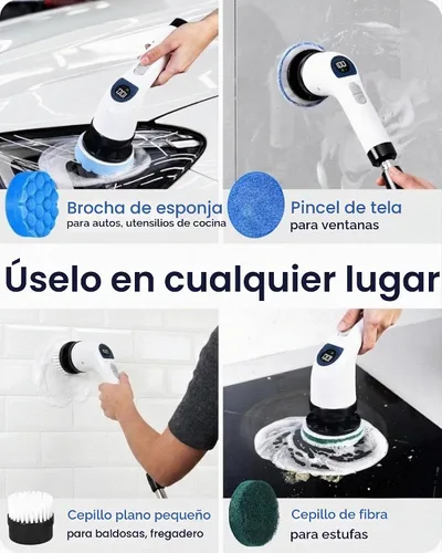 Vista 5 de Cepillo Eléctrico Giratorio para Limpieza - Cepillo de Ducha con Mango Largo y 7 Cabezales Reemplazables - Cepillo de Ducha Inalámbrico de 2