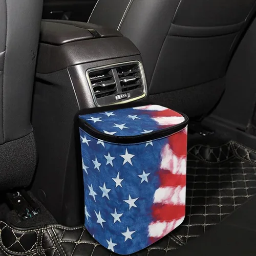Vista 2 de Talayituse Cubo de basura para automóvil con estampado de bandera estadounidense, cubo de basura portátil ajustable con tapa, bolsa colgante