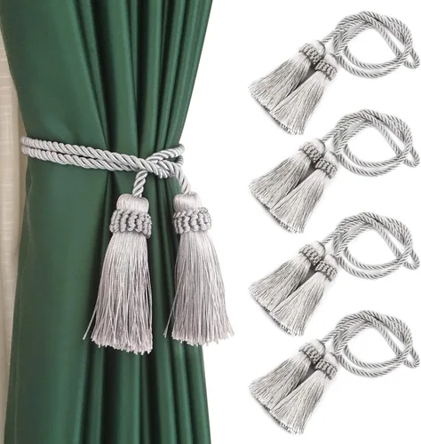 Vista 14 de Sujetadores de Cortina Hechos a Mano Decorativos Alzapaños de Cortina con Cuerda y Borla (Beige, 2P)