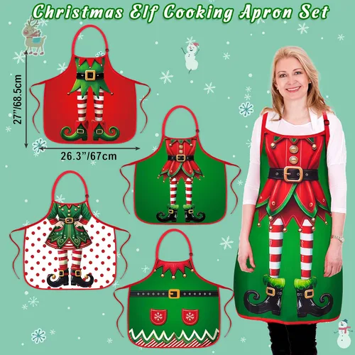 Vista 4 de 90shine 4 piezas de delantales de Navidad para mujeres: delantal de cocina para hornear y cocinar, accesorios de disfraz para adultos, decoraciones