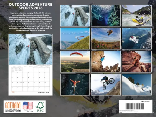 Vista 2 de [Usado] Calendario de deportes de aventura al aire libre, calendario mensual de pared 2026, 12 meses, fabricado en Estados Unidos