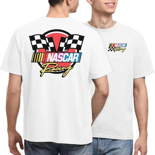 Vista 2 de Junk Food NASCAR Racing Logo - Camiseta unisex para adultos con el logo de carreras de NASCAR en la parte delantera y trasera para hombres y mujeres