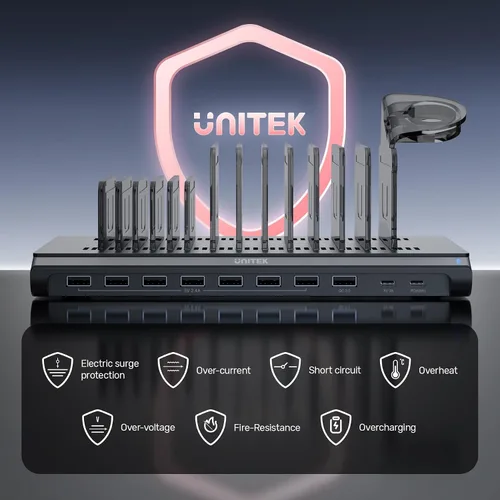 Vista 6 de Unitek Estación de carga USB de 120 W, 10 puertos rápidos, concentrador de carga múltiple para múltiples dispositivos Apple con puerto QC 3.0 PD