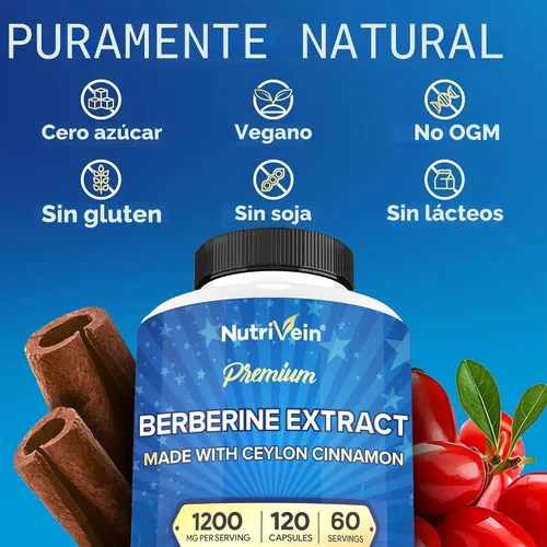 Vista 6 de Nutrivein Berberina Premium 1200 mg con Canela de Ceilán - 120 Cápsulas: Suplemento de berberina de alta absorción para defensas, digestión