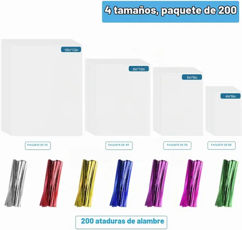 Vista 2 de Boao Bolsas de celofán de plástico transparente de 4 tamaños, 200 bolsas de celofán con lazos de mezcla de colores para Navidad, cumpleaños