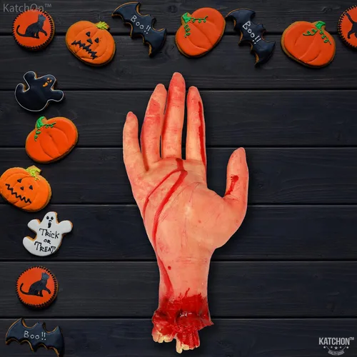Vista 6 de KatchOn, Accesorio de mano sanguinolenta humana falsa – 10 pulgadas de largo Partes del cuerpo Accesorios de Halloween Manos falsas de miedo
