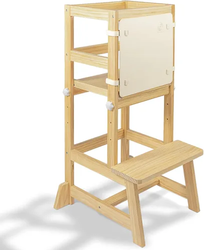 Vista 7 de Taburete de cocina para niños pequeños con alfombrilla antideslizante, Taburete de aprendizaje Montessori de madera para niños de Wood City, Torre