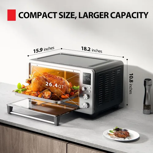Vista 2 de TOSHIBA ChefFry - Combo de horno tostador y freidora de aire, gran capacidad de 26.4 cuartos de galón, horno tostador de encimera 12 en 1, acero