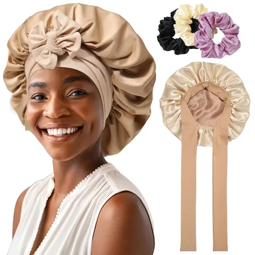 Vista 9 de Gorro de satén para mujer, con banda de amarre para el cabello, para dormir, grande de 2 capas, gorro de dormir de seda para dormir con 3 coleteros