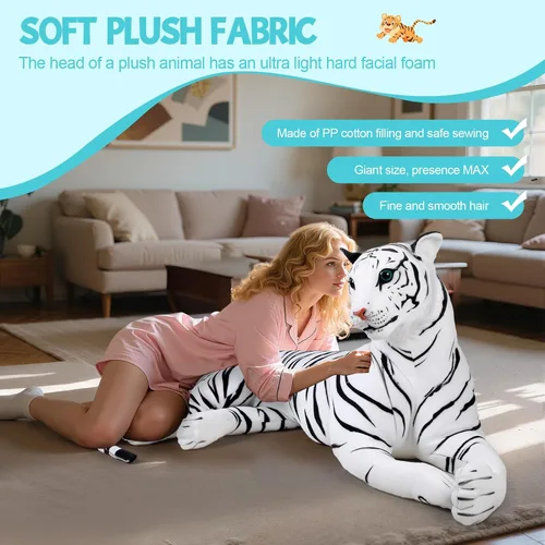Vista 3 de Peluche de tigre gigante realista, almohada de felpa realista de tigre de 43 pulgadas con forma de apoyo, juguete suave de tigre grande para niños