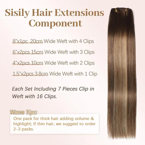 Vista 2 de Sisily - Extensiones de cabello con clip de cabello humano real, 30 cm 70 g, balayage de marrón chocolate a rubio, 100% cabello humano Remy