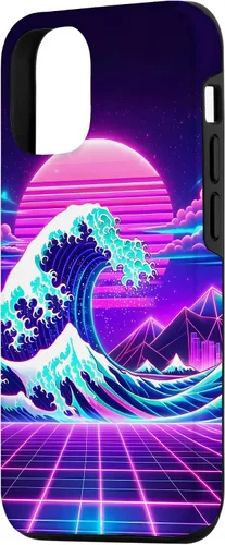 Vista 2 de iPhone 15 Futuristic Cyberpunk Vaporwave Synthwave Great Wave Hokusai Case