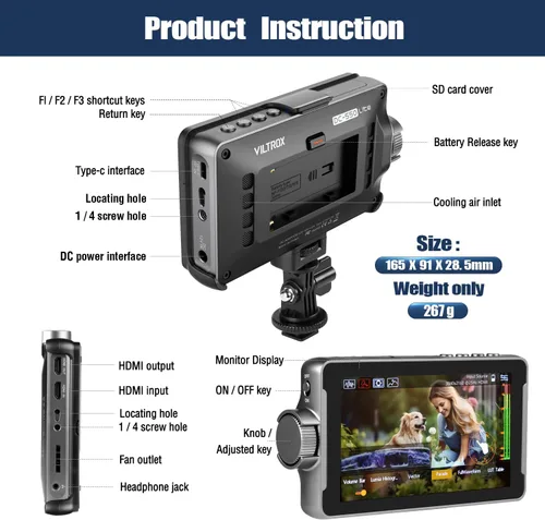 Vista 6 de VILTROX DC-550 Lite - Monitor de campo de cámara DSLR con pantalla táctil de 5.5 pulgadas con batería/parasol para sombrilla, 400Nits 1920X1080 IPS