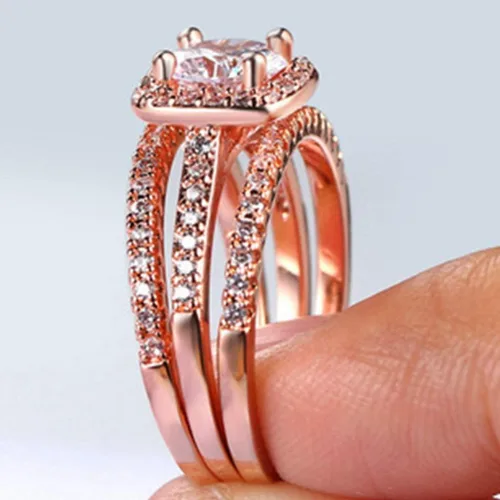 Vista 3 de Juego de anillos de compromiso de boda tres en uno de oro rosa plateado, Metal, Zirconia cúbica
